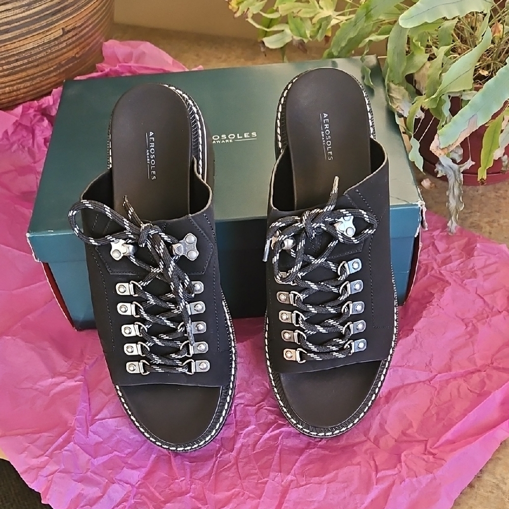 AEROSOLES Black Women's Mules with Silver Accents
